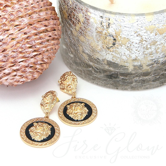 Black and Gold Tone Framed Lion Earrings - Picture 9 of 9